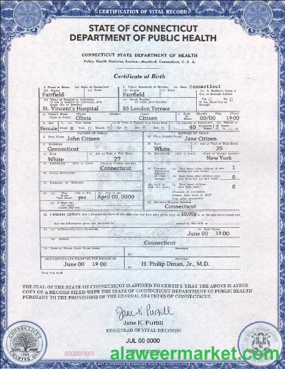 USA Connecticut state birth certificate template in PSD format